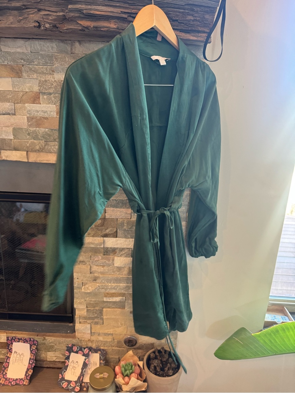 lunya Deep Green Satin Tie-Waist Robe Jacket